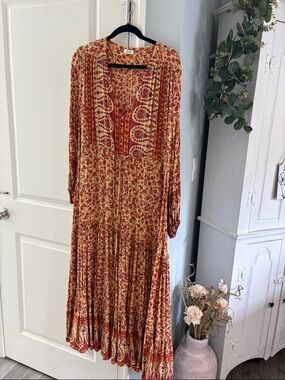 Bohemian Floral Maxi Dress in Rust and Cream